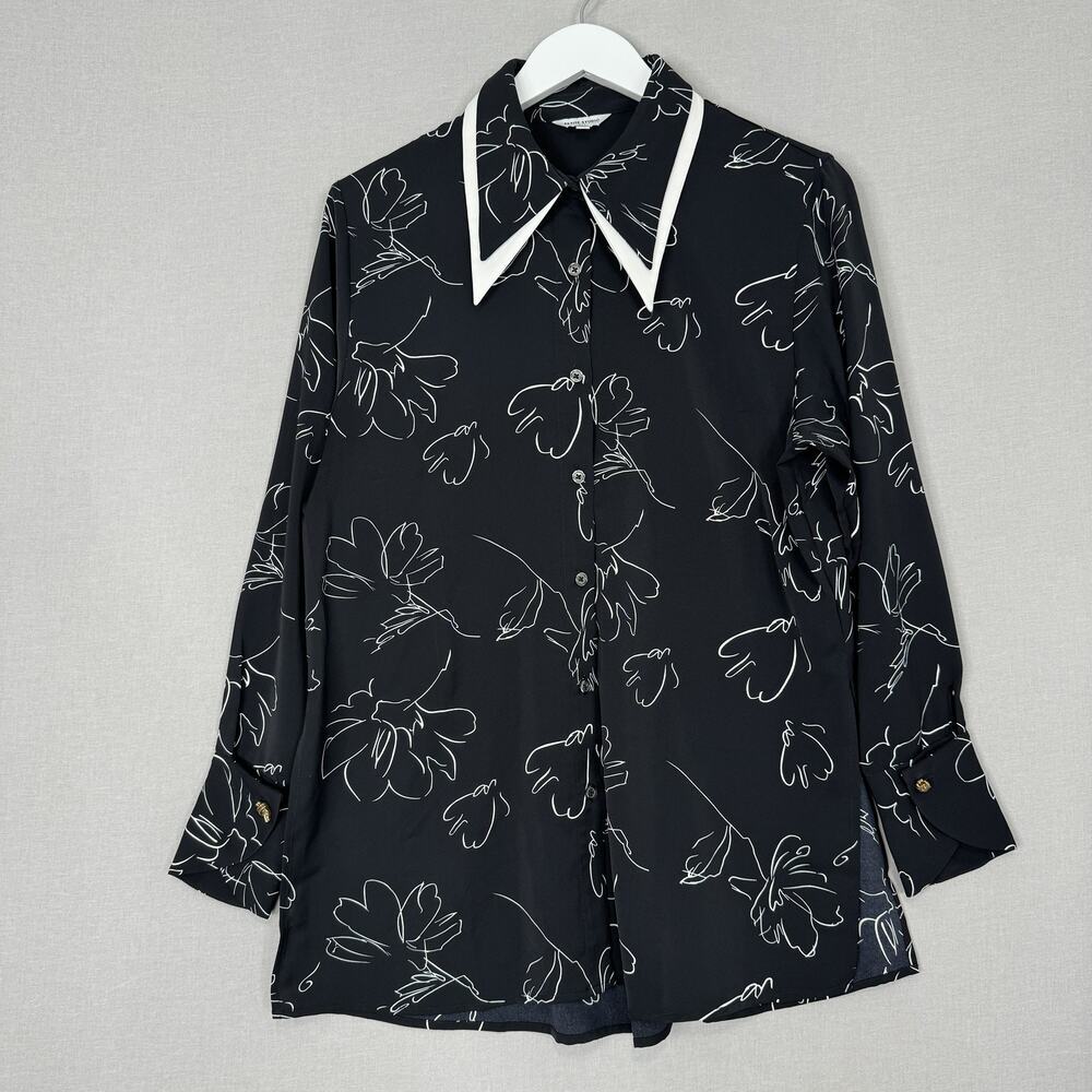 Petite Studio NYC Shirt Womens Large Black Abstract Floral Blouse Academia Prep
